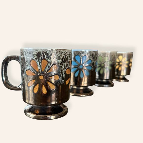 Set of 4 Vintage 1970s Metallic Brown Floral Mugs – Retro Pedestal Coffee Cups - Picture 2 of 9